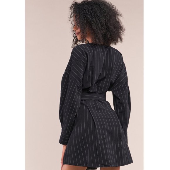Black Pinstripe Linen Blend Wrap Dress NWT - Picture 3 of 3